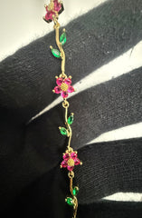 Pink & Green Floral Crystal Bracelet – Gold-Tone Vine & Flower Bracelet for Women 7121