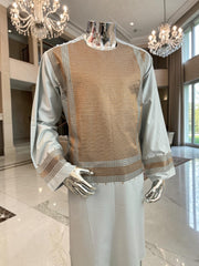 X-Large Blue-Gray Afghan Shalwar Kameez with Bronze Embroidery Yakhandozi | Luxury Men’s Traditional Wear