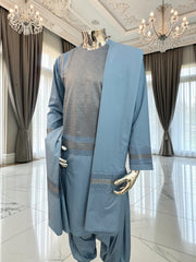Small Men’s Steel Blue Embroidered Parahan Tunban 3-Piece Set with Matching Shawl 7228