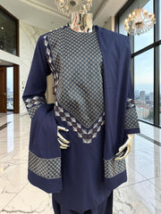 Medium Midnight Navy Hand Embroidered Afghan Parahan Tunban Set with Matching Chadder