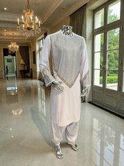 Men’s White Shesha Parahan Tunban Luxury Afghan Outfit with Matching Shawl | Luqmaan Boutique Collection Small