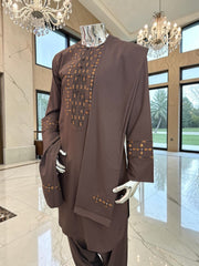 Men’s Chocolate Brown Embroidered Afghan Parahan Tunban 3-Piece Set with Shawl | Small–X-Large