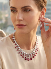 Luxury Ruby Red Crystal Statement Necklace & Drop Earrings Set | Silver Tone | Gift Ready Black Box | Elegant Bridal & Evening Jewelry 6055