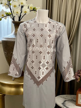 Men’s Light Gray Traditional Kameez with Brown and Silver Machine Embroidery – Large