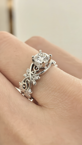 Size 8.5 Round Cut Moissanite Engagement Ring – Vintage Floral Vine Design 6017