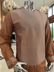 Medium Afghan Parahan Tunban Kameese Shalwar Brown Machine Embroidery