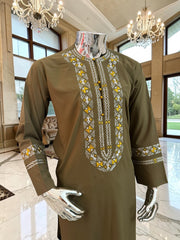 Large Olive Green Afghan Parahan Tunban Set with Traditional Hand Embroidery & Matching Scarf