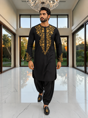 Handmade Afghan Selmadozi Embroidered Men’s Perahan Tunban – Luxury Traditional Formal Outfit – Available in Black, Ivory & White