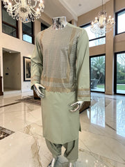 Large Sage Green Afghan Parahan Tunban with Gold and Brown Embroidery | Traditional Men’s Afghan Outfit