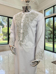 Handmade Afghan Selmadozi Embroidered Men’s Perahan Tunban – Luxury Traditional Formal Outfit – Available in Black, Ivory & White