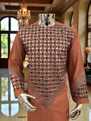 Small Men’s Caramel Brown Parahan Tumban with White & Tan Embroidery | Luxury Afghan Outfit with Matching Shawl