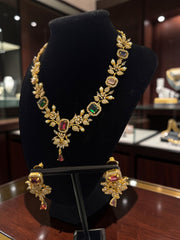 Luxury Gold Tone Floral Necklace & Earrings Set | Alloy Brass Metal | Green & Burgundy Crystal Statement Jewelry | Gift-Ready Black Jewelry Box Included 6070
