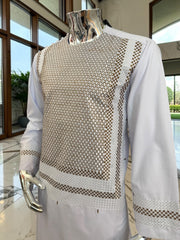 X-Large White Premium Machine Embroidered Afghan Parahan Tunban Set