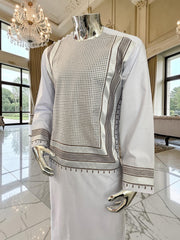 Large Premium White Parahan Tunban Set with Brown Machine Embroidery Pattu/Chadder