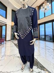 Medium Midnight Navy Hand Embroidered Afghan Parahan Tunban Set with Matching Chadder