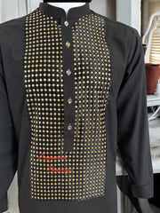 Men’s Black Parahan Tumban with Gold Hand Khamak Embroidery – Luxury Traditional Afghan Outfit, Medium