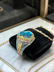 Men’s Vintage Blue Crystal Statement Ring – Silver Plated Ottoman Turkish Style Gemstone Ring G3