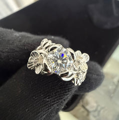 Round Cut Moissanite Floral Ring Silver Tone Nature-Inspired Statement Ring Size 9. 6019