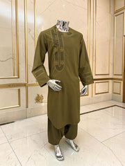 Men’s Olive Green Hand-Embroidered Afghan Parahan Tunban with Shawl – 3-Piece Set 5033