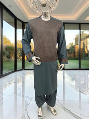 X-Large Men’s Slate Teal & Bronze Embroidered 3-Piece Parahan Tunban with Matching Tunban & Shawl | Afghan Traditional Outfit 7222