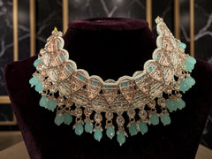 Aqua Blue Kundan Bridal Jewelry Set with Earrings & Maang Tikka | Rose Gold Indian Pakistani Afghan Wedding Necklace 6045