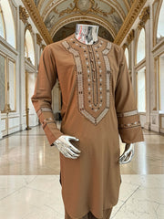 Men’s Brown Hand-Embroidered Afghan Parahan Tunban with Matching Shawl in Small, Medium, or Large