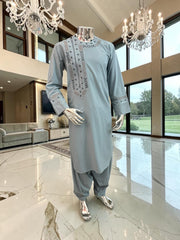 Small Men’s Hand Embroidered Afghan Parahan Tunban Set with Matching Shawl – Soft Silver green Traditional Outfit