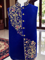 Royal Blue Velvet Vestcoat – Handmade Selma & Borr Borr Gold Embroidery | Men’s Luxury Afghan Waistcoat Medium
