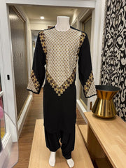 Men’s Black Kameez – Black with Gold, White & Brown Machine Embroidery | Afghan Outfit (XL)