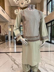Medium Sage Green Parahan Tunban with Brown Embroidery | Premium Afghan Traditional Wear