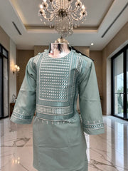 Kids Afghan Parahan Tunban Set – Premium Embroidered Traditional Afghan Outfit for Boys | Sage Green Eid & Wedding Wear (1–12 Years) Design #24
