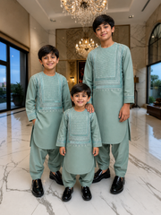 Kids Afghan Parahan Tunban Set – Premium Embroidered Traditional Afghan Outfit for Boys | Sage Green Eid & Wedding Wear (1–12 Years) Design #24