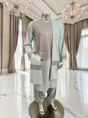 Men’s Sage Gray Embroidered Afghan Parahan Tunban with Matching Shawl – Medium 7232