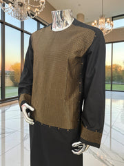 Men’s Black & Gold Parahan Tunban with Shawl – Machine Embroidered Afghan Outfit – XL & XXL
