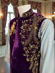Medium Purple Velvet Men’s Waistcoat – Heavy Handmade Zari & Dabka Embroidery | Luxury Wedding waistcoat