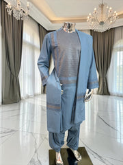 Small Men’s Steel Blue Embroidered Parahan Tunban 3-Piece Set with Matching Shawl 7228
