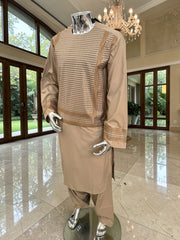 XL Beige Embroidered Afghan Parahan Tumban – Cotton-Blend Traditional Men’s Outfit | Luqmaan Boutique
