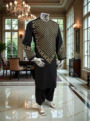 Small Black Afghan Kameez with Gold & Black Embroidery | Premium Traditional Men’s Outfit