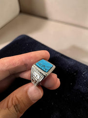 Vintage Turquoise Stone Signet Ring – Silver Tone Statement Ring