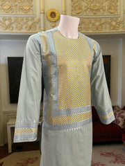 Men’s Sage Green Kameez with Gold and Silver Geometric Machine Embroidery | Large Size