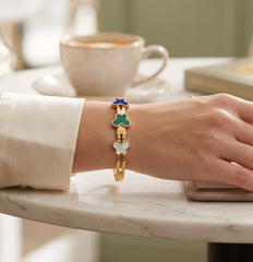 Gold Tone Stainless Steel Butterfly Bangle Bracelet in Black, Green & White 8061
