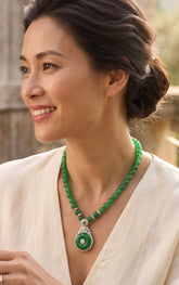 Natural Green Agate Beaded Donut Pendant Necklace – Silver Plated Brass with Chalcedony & Zirconia Accents – Statement Gemstone Jewelry with Certificate 6007