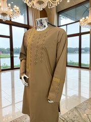 X-Large Afghan Parahan Tunban Kameese Shalwar Brown Hand Embroidery