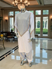 Men’s White Shesha Parahan Tunban Luxury Afghan Outfit with Matching Shawl | Luqmaan Boutique Collection Small