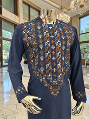 Large Navy Blue Afghan Men’s Parahan Tunban Set – Hand Embroidery & Mirror Work with Matching Chadder/patto