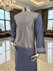 Small Afghan Parahan Tunban Kameese Shalwar Slate Blue Silver Machine Embroidery