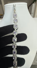 Lavender Purple Cushion-Cut Crystal Halo Tennis Bracelet – Silver Tone Statement Jewelry 7093