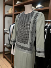 Men’s Sage Green Kameez – Sage with Black & Grey Machine Embroidery | Afghan Outfit (Medium)