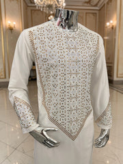 Men’s off white Afghan Parahan Tunban with Gold & Silver Embellishments and Shawl – 3-Piece Set shesha work 5042