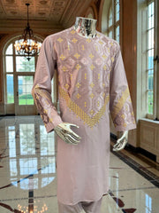 Men’s Lavender Parahan Tumban with Gold Embroidery | Traditional Afghan Outfit | Luqmaan Boutique